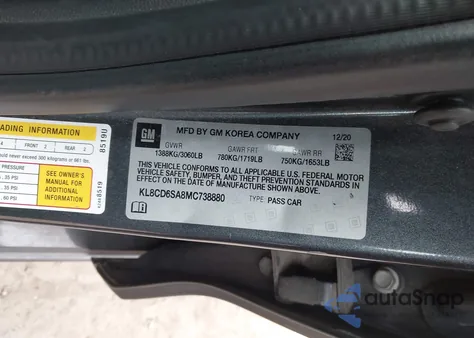 2021 Chevrolet Spark Fwd 1Lt Automatic z USA, uszkodzony, nr VIN KL8CD6SA8MC738880